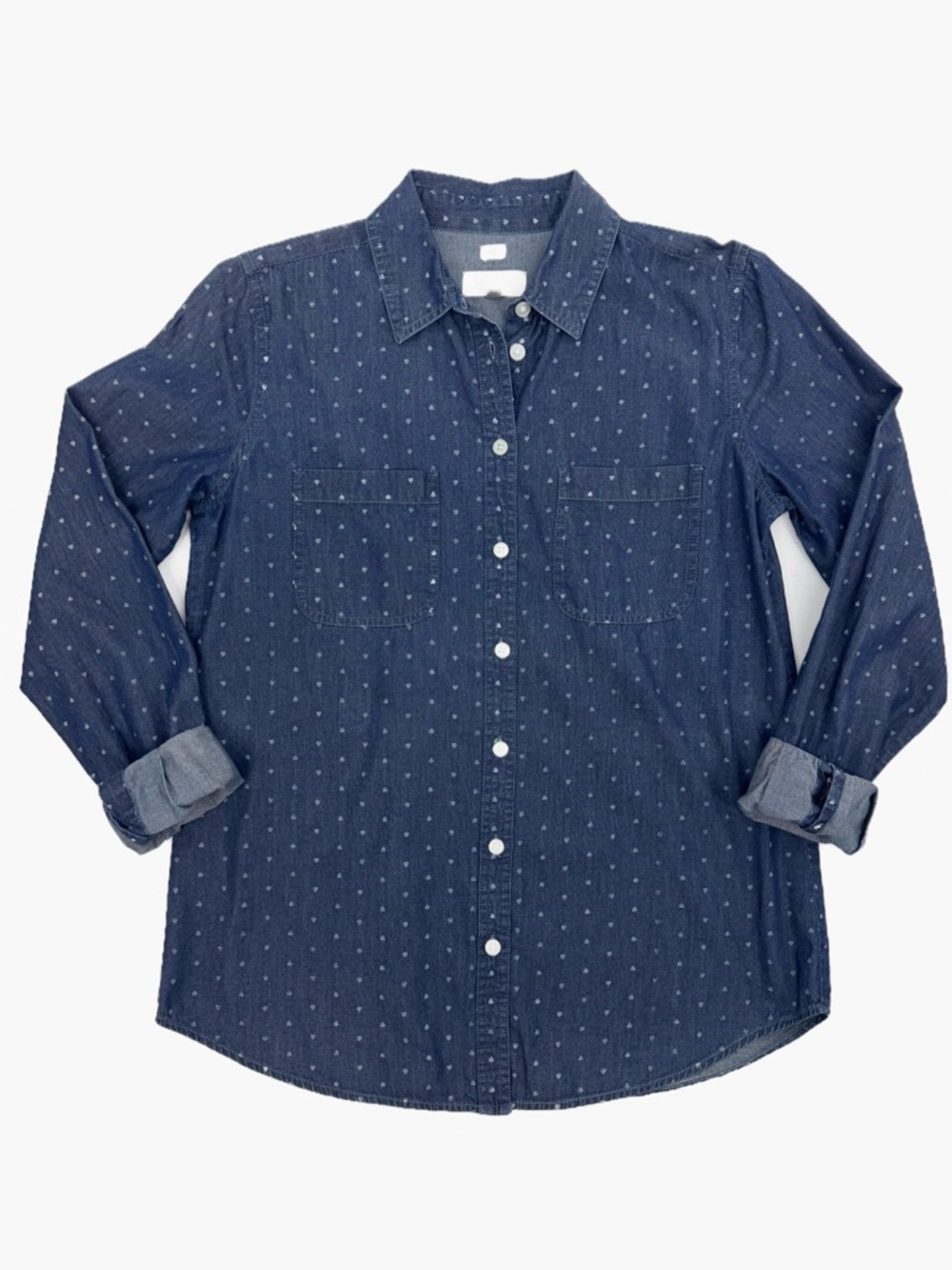 LOFT Softened Chambray Heart Print Button Down Shirt Size Small 100% Cotton